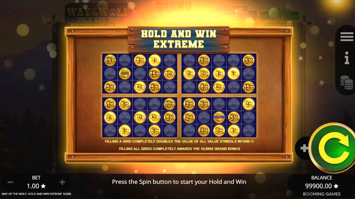 Way of the Wolf Hold and Win Extreme 10,000 slot dengan latar belakang hutan malam yang mencekam
